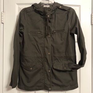 Heart & Hip Hooded Utility Jacket Size Small Women Army Green Zip and Snap Close
